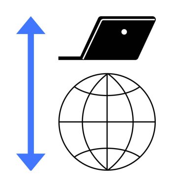 Dikey ok, dizüstü bilgisayar ve küre. Küresel ağ oluşturma, uzaktan çalışma, teknoloji büyümesi, dijital iletişim, veri alışverişi gibi konuları temsil ediyor. Teknoloji eğitimi için ideal