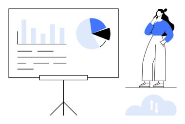 Bar grafiği ve pasta grafiği olan bir sunum panosunun yanında dururken düşünen iş kadını. Veri analizi, iş stratejisi, karar verme, sunumlar, piyasa araştırmaları, planlama için ideal