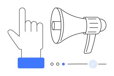 Elini megafonun, mavi aksanlı elementlerin, seçim noktalarının yanına koy, işaretle. Pazarlama, iletişim, katılım, tanıtım, duyuru için ideal dijital medyaya çağrı