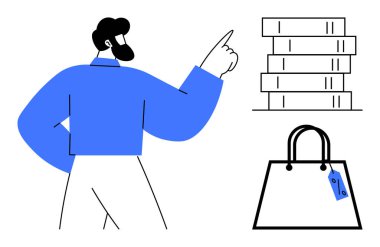 Adam yukarı doğru yığılmış kitapları ve fiyat etiketli bir alışveriş çantasını işaret ediyor. Temalar için ideal eğitim, tüketici davranışı, pazarlama, perakende, alışveriş, bilgi edinme ve satış