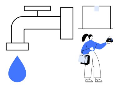 Büyük su musluğu tek bir damla salıyor, kadın elinde çaydanlık ve alışveriş torbaları tutuyor. Suyun korunması, sürdürülebilirliği, ev işleri, alışveriş, günlük rutin yaşam tarzı, minimalizm için ideal