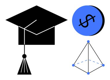 Mezuniyet şapkası, dolar işareti mavi daire, geometrik 3D şekil. Eğitim, finans, başarı, öğrenme, yüksek öğrenim, geometrik doğruluk, soyut çizgi düz metafor için idealdir