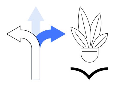 Dört ok sola, düz ve sağa farklı renk ve kalınlıkta işaret ediyor. Sırada, üzerinde yapraklar olan bir saksı var. Karar verme, büyüme, yön, seçim yönlendirme yolları için ideal