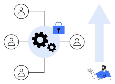 İnsan simgelerine bağlı dişliler ve yukarı doğru ok şeklinde bir kilit. İşbirliği, güvenlik, ağ oluşturma, büyüme, takım çalışması, optimizasyon, dijital dönüşüm için ideal. Soyut