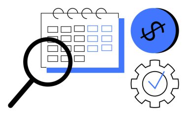 Büyüteç takvimi inceliyor, dolar işareti olan mavi daire, işaretli teçhizat. Finansal planlama, zaman yönetimi, proje değerlendirmesi, bütçe oluşturma, üretkenlik, verimlilik için ideal