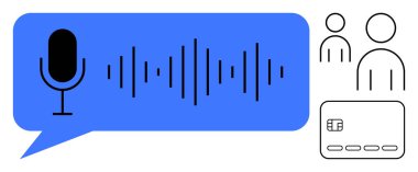 Kullanıcı simgeleri ve kredi kartı özeti olan mavi bir konuşma balonunda mikrofon ve ses dalgaları. Teknoloji, iletişim, ödemeler, sosyal medya, veri güvenliği, kullanıcı kimlik denetimi, müşteri