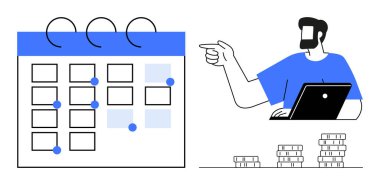 Takvime bakan adam, öndeki dizüstü bilgisayar, finansal planlamayı ya da hedefleri gösteren üç yığın para. İş için ideal, planlama, planlama, organizasyon, zaman yönetimi, mali strateji