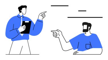 Mavi giyen iki stil sahibi figür, biri bir pano tutuyor ve her ikisi de birbirine soyut çizgiler gösteriyor. Takım çalışması, tartışma, iletişim, tartışma, sorun çözme için ideal