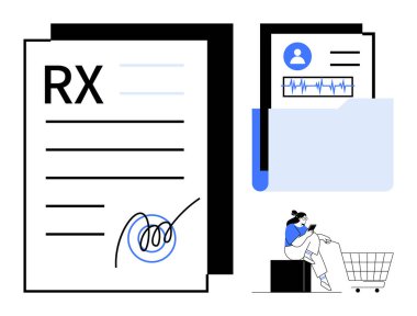 İmzalı RX reçetesi, hasta bilgili tıbbi dosya ve EKG hattı. Telefonla alışveriş arabasının yanında gezinen biri. Sağlık hizmetleri, online eczane, teletıp, modern teknoloji için ideal