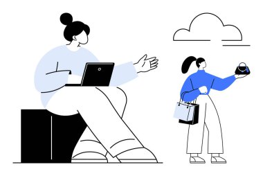 Kadın elinde alışveriş malzemesi olan birine el kol hareketi yaparken dizüstü bilgisayarda çalışıyor. İş hayatı dengesi, teknoloji, alışveriş, modern hayat, üretkenlik, dijital iletişim, takım çalışması için ideal