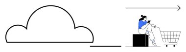 Büyük bulut sembolü, tablet kullanan küpteki bir kadına, alışveriş arabası ve okun yanına bağlanmış. E-ticaret, bulut hizmetleri, dijital pazarlama, teknoloji, çevrimiçi iletişim, perakende satış için ideal