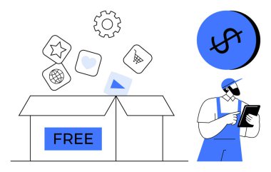 Çeşitli dijital simgelerle etiketlenmiş özgür kutucuğu aç. Yıldız, kalp, dünya, alışveriş arabası ve havada asılı duran oyun tuşu. İşçi tableti tutuyor, dolar işareti mavi çemberde. Çevrimiçi hizmetler için ideal