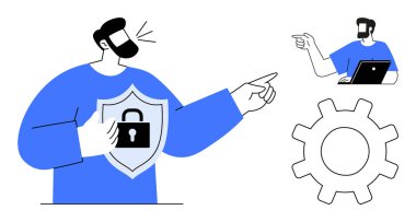 Nişan alırken kalkan tutan bir adam, dizüstü bilgisayarda çalışan başka biri, vites sembolü. Siber koruma, veri gizliliği, bilişim yönetimi, çevrimiçi güvenlik, güvenli iletişim ve teknoloji için ideal