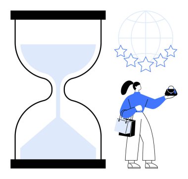 Mavi kumlu dev kum saati çantalı ve alışveriş çantalı kadın arkasında yıldız reytingli bir dünya var. Konseptler için ideal zaman yönetimi, müşteri memnuniyeti, küresel iş, verimlilik