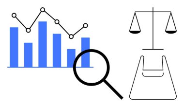 Adalet terazisinin yanında büyüteç bulunan bar çizelgesi ve çizgi grafiği. Veri analizi, iş zekası, hukuki değerlendirme, karar verme, adalet, şeffaflık ve denge için idealdir. Soyut