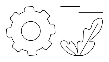 İki minimalist çizgi ile siyah çizilmiş dişli ve yaprak. Sürdürülebilirlik, yenilik, çevre dostu teknoloji, doğa dengesi, mühendislik çözümleri, büyüme kavramları, soyut düz çizgi