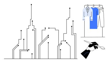 Şehrin ufuk çizgisi devre çizgileriyle birbirine bağlı, askıdaki giysiler ve kaşığı tutan bir el. Teknoloji, moda, kentsel planlama, otomasyon, yenilik, akıllı şehirler için ideal