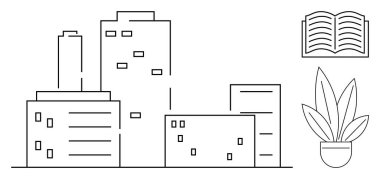 Minimalist sanat tarzında şehir binaları, açık kitaplar ve saksı bitkisi. Modern yaşam, şehir tasarımı, mimari, eğitim, edebiyat yeşilliği minimalizmi için idealdir. Temiz soyut çizgi düz