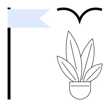 Dikey direkte açık mavi bayrak, V şeklindeki kuş silueti basit bir saksı bitkisinin üzerinde çizilmiş yapraklarla dalgalanıyor. Doğa, büyüme, özgürlük, basitlik, minimalizm, çevre dostu, soyut