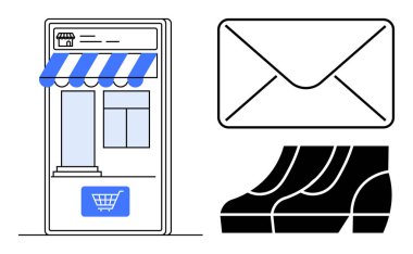 Mobil mağaza vitrininde mavi elementler, alışveriş arabası, büyük zarf ve ayakkabılar. E-ticaret, çevrimiçi alışveriş, e-posta pazarlama, dijital perakende, mobil uygulamalar, müşteri ilişkileri için ideal