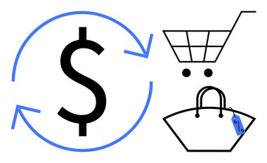 Para akışını gösteren oklarla çevrili dolar işareti, online alışveriş anlamına gelen alışveriş arabası, ve etiketli el çantası. E-ticaret, perakende, finans, para dolaşımı, tüketici davranışı için ideal