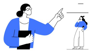 Elinde tablet ya da kitap tutarken gözlük tutan büyük bir figür, başka bir insan çenesi üzerinde elle düşünür. İletişim, eğitim, liderlik, karar verme, rehberlik, eğitim için ideal