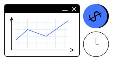 Grafik çizgisi yukarı doğru yükseliyor, mavi dolar işareti, klasik saat, yükselen eğilim görselleştirme. Finans, iş büyümesi, zaman yönetimi, yatırım stratejileri, ekonomik ilerleme verimliliği için ideal