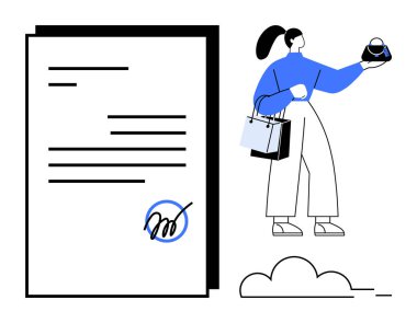 Çanta ve alışveriş torbaları taşıyan bir kadın bir belgenin yanında duruyor. Yanında da bir bulut var. Perakende satış, tüketici davranışı, e-ticaret, sözleşmeler, moda, alışveriş alışkanlıkları için ideal