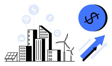 Şehir silueti, rüzgar türbinleri, güneş paneli ve enerji ve teknoloji simgeleri. Dolar işaretli mavi daire ve yukarı doğru oklar. Kentsel planlama, yenilenebilir enerji, ekonomik büyüme ve yenilik için ideal