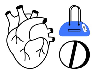 İnsan kalbi anatomik çizimi, mavi el çantası ve sağlık, yaşam tarzı, moda ve ilaç yönetimini sembolize eden ilaç hapı. Tıbbi, moda, eczacılık sağlığı yaşam tarzı için ideal.