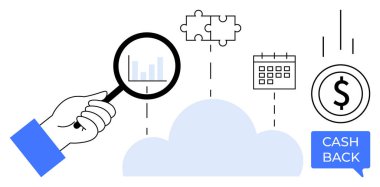 Çubuk grafiğin üzerinde el ele tutuşan büyüteç bulmaca parçaları, takvim, para ikonu, nakit para balonu. İş analizi, finans, zaman yönetimi, stratejik planlama için ideal