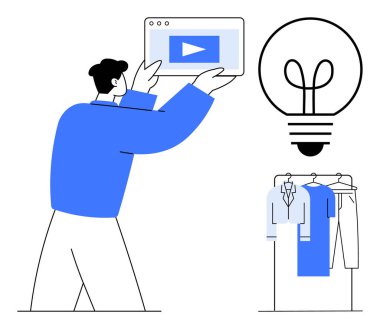 Elinde oyun düğmesi olan bir tablet tutan bir adam. Ampulün yanında ve askıda giysiler. Yaratıcılık, yenilik, teknoloji, çevrimiçi öğrenme, moda endüstrisi, tasarım akıllı çözümler için ideal. Satır metaforu