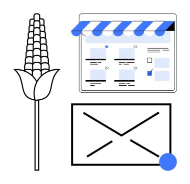 Mısır bitkisi, çevrimiçi depolama arayüzü olan tablet ve bildirim noktası olan büyük bir zarf simgesi. Tarım, e-ticaret, e-posta pazarlama, dijital iletişim, çevrimiçi alışveriş için ideal