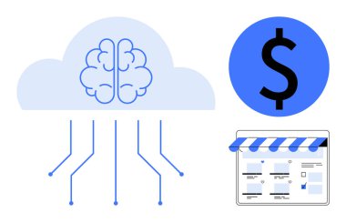 Bir dijital mağaza önü ve finansal büyüme sembolüne bağlı bulut hesaplama beyni. Ecommerce, AI teknolojisi, bulut hizmetleri, çevrimiçi iş, dijital pazarlama, finansal analizler, teknoloji için ideal