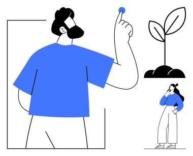 Bir adam niyetle işaret ediyor ve bir kadın filizin yanında kafa yoruyor. Ticari büyüme, yenilik, karar verme, kişisel gelişim, beyin fırtınası oturumları, gelecek planlama, yaratıcılık için ideal