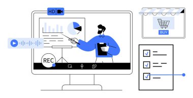 Dijital ekranda veri grafikleri ve grafikleri sunan, simge kaydeden ve kontrol listesiyle çevrimiçi alışveriş yapan kişi. Çevrimiçi eğitim, web siteleri, iş, e-ticaret, üretkenlik ve uzak çalışma için ideal