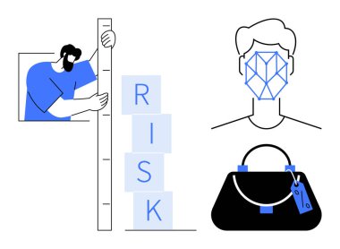 Adam risk çubuğunu ölçer, geometrik tanımlama desenli bir yüz ve fiyat etiketli bir el çantası. Ticari risk değerlendirmesi, teknoloji, güvenlik, kişisel kimlik, perakende, yapay zeka için ideal