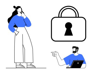 Kadın düşüncesi, büyük kilit, dizüstü bilgisayarı olan bir adam. Siber güvenlik, veri koruması, bilişim tartışmaları, takım çalışması, çevrimiçi güvenlik ve beyin fırtınası için ideal. Satır metaforu