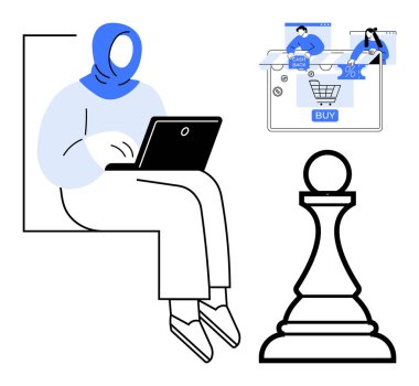 Laptop kullanan tesettürlü bir kadın, el arabası ve nakitle online alışveriş elemanlarının görüntüleri, büyük bir satranç piyonu. E-ticaret, çevrimiçi alışveriş, pazarlama stratejisi, finans ve teknoloji için ideal