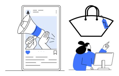 Sosyal medya paylaşımında megafon, fiyat etiketli el çantası ve bilgisayar monitörünü işaret eden kişi. Ecommerce, reklam, müşteri ilişkileri, dijital iletişim için ideal