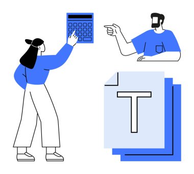 Hesap makinesi ve metin belgesi ile iletişim kuran iki kişi. Takım çalışması, iletişim, ofis işi, üretkenlik, proje yönetimi, veri analizi, basit etkileşim için ideal. Soyut çizgi