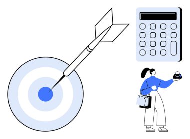 Alışveriş torbaları tutan ve bir hedefi dartla hedef alırken masrafları hesaplayan bir kadın. Finansal planlama, bütçe belirleme, hedef belirleme, akıllı alışveriş, hassasiyet, karar verme, denge için ideal