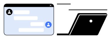 Açık bir dizüstü bilgisayarın minimalist satır sanatının yanında kullanıcı simgeleri ve metin mesajlarıyla sohbet penceresi. Çevrimiçi iletişim, uzaktan çalışma, mesajlaşma, teknoloji ve dijital işbirliği için ideal