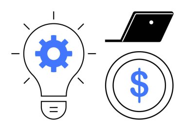 Mavi dişli ampul, siyah laptop, mavi dolar işareti daire şeklinde. İş stratejisi, teknoloji, yenilik, finans, girişimcilik verimliliği yatırımı için idealdir. Soyut satır düzlüğü