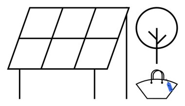 Güneş paneli çerçeveye sade ağaç ve eko etiketli alışveriş çantasının yanına monte edilmiş. Sürdürülebilirlik, yenilenebilir enerji, çevre dostu yaşam, çevre, yeşil yaşam tarzı, temiz enerji için ideal