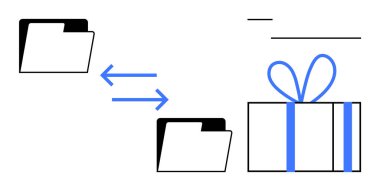 Dosyaların değiş tokuşunun hediye paketiyle bittiğini gösteren dizinler ve mavi oklar. İçerik paylaşımı, dosya transferi, takım işbirliği, veri yönetimi, sürpriz hediyeler, proje belgeleri için ideal