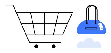 Üstünde fiyat etiketi olan mavi bir el çantasının yanında bir bulutun üzerine yerleştirilmiş alışveriş arabası. E-ticaret, çevrimiçi alışveriş, perakende satış, dijital pazarlama, satış promosyonları, tüketici ürünleri ve finans sektörü için ideal