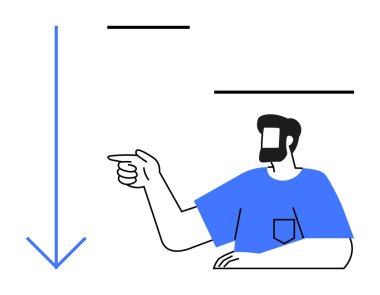 Sakallı, mavi gömlekli, sağı gösteren bir karakter. Minimalist tasarım, belirgin mavi aşağı ok ve yüzen siyah çizgiler. Yönlendirme, yönlendirme, talimat, basitlik, navigasyon için ideal