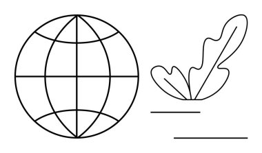 Bir bitkinin yanında basit bir küre, küresel bağlantı, doğa, çevre bilinci, sürdürülebilirlik, teknoloji, büyüme ve birlik konularını vurguluyor. Eğitici çevre için ideal