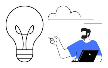 Kolunun altında dizüstü bilgisayarı olan büyük ampulü işaret eden bir adam. Arka planda bulut. Yenilik için ideal, yaratıcılık, beyin fırtınası, teknoloji, ilham, yeni fikirler problem çözmek için. Modern soyut
